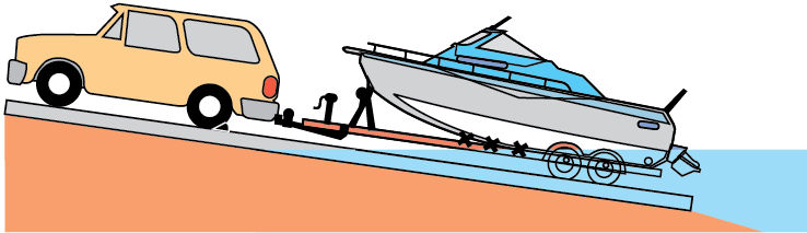 Image of trailered boat and vehicle with vehicle backing boat into water on a boat ramp.