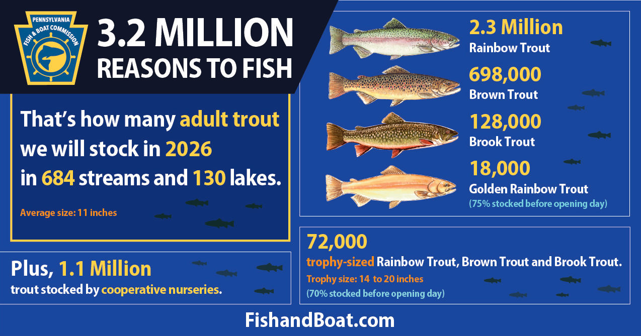 A graphic showing Pennsylvania's 2026 trout stocking figures