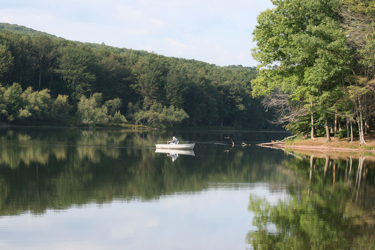 A boat in a lake reflecting the dark green forest surround it