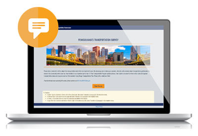 An image of a laptop with a survey on the screen. An white messenger bubble in an orange circle sits over the image in the upper left-hand corner.