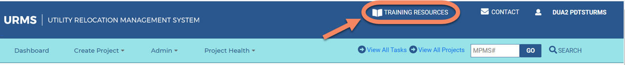 Screenshot of the top navigation of URMS.penndot.gov with the training resources link in the top right circled in orange.