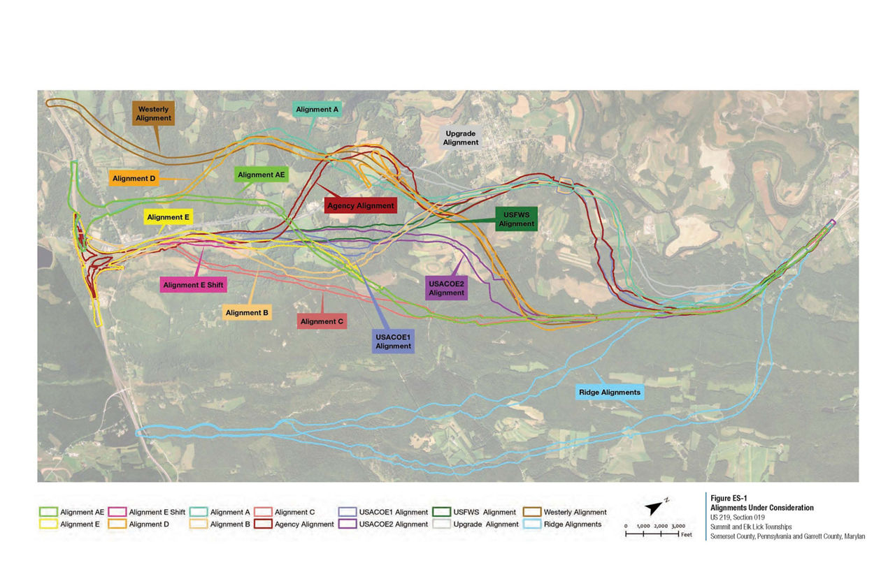 U.S. 219 alignments previously under consideration map