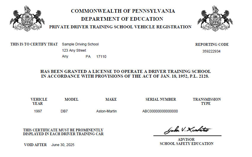 Sample Driving School Vehicle License