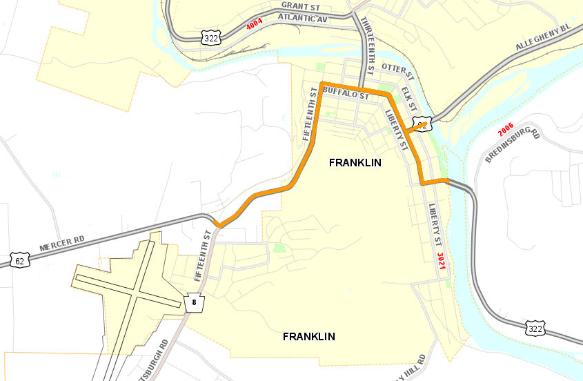 Map showing roads included in the Route 62/322 project