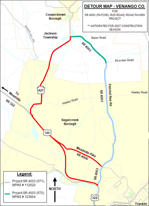 Map showing the detour for Patchel Run Road
