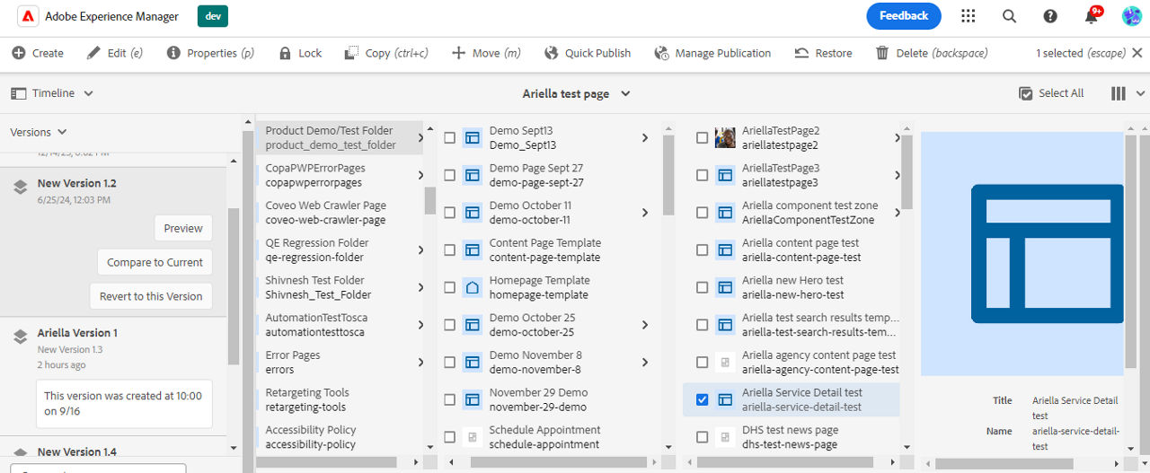 The Timeline showing Versions, with the 3 options- Preview, Compare to Current, Revert to this Version.