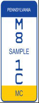 A vertical Pennsylvania motorcycle license plate with "M8 1C" and "SAMPLE" text. The top section is blue with "PENNSYLVANIA" in white, and the bottom is yellow with "MC" in blue.