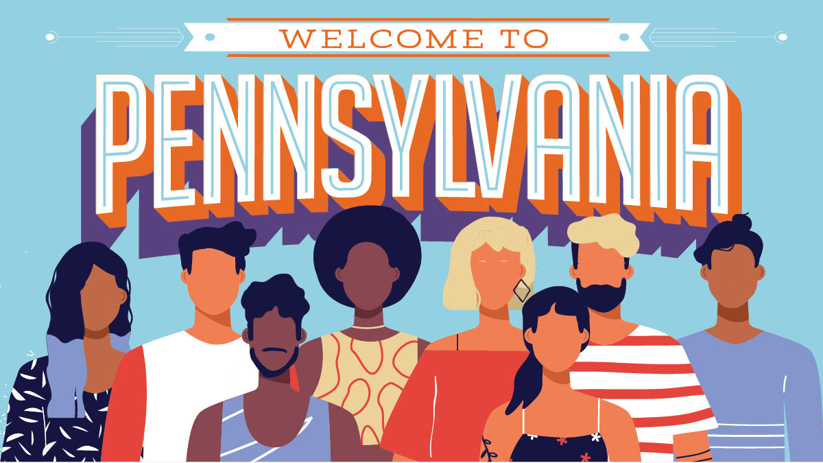 Illustration of diverse people with the words: Welcome to Pennsylvania"