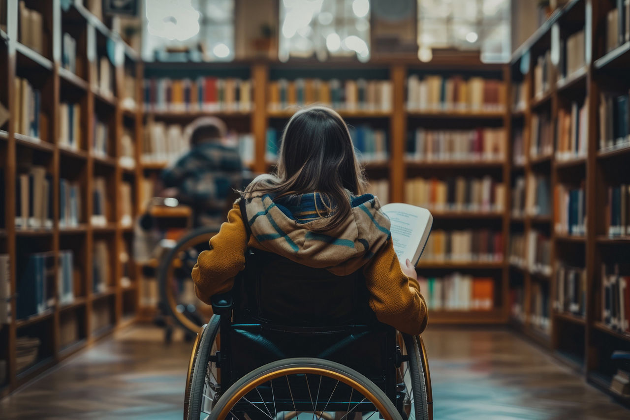 child in a wheelchair studying in the library or school with a book with a friend. Integrity and equality with disabled children