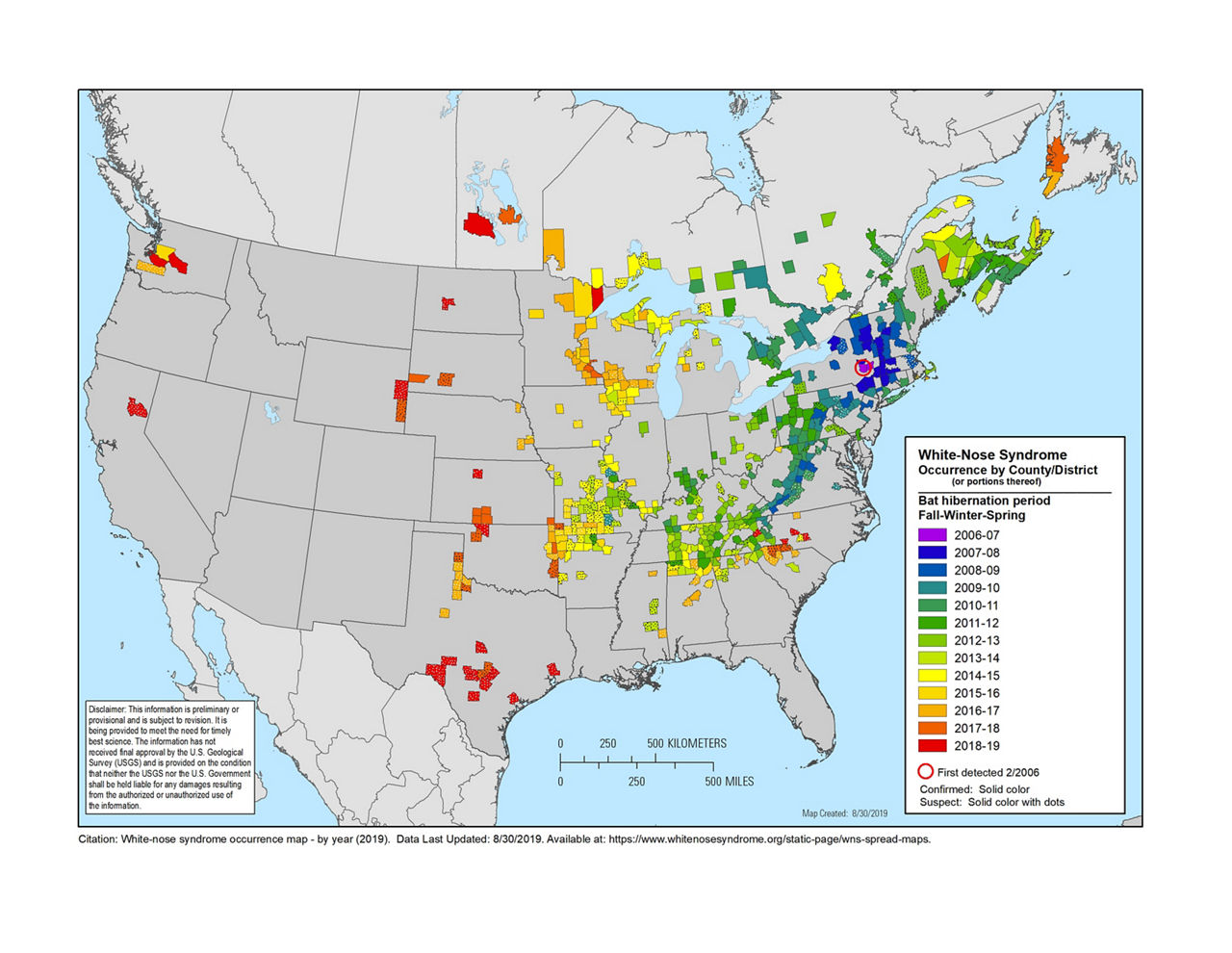 White-Nose Syndrome Occurrence by county