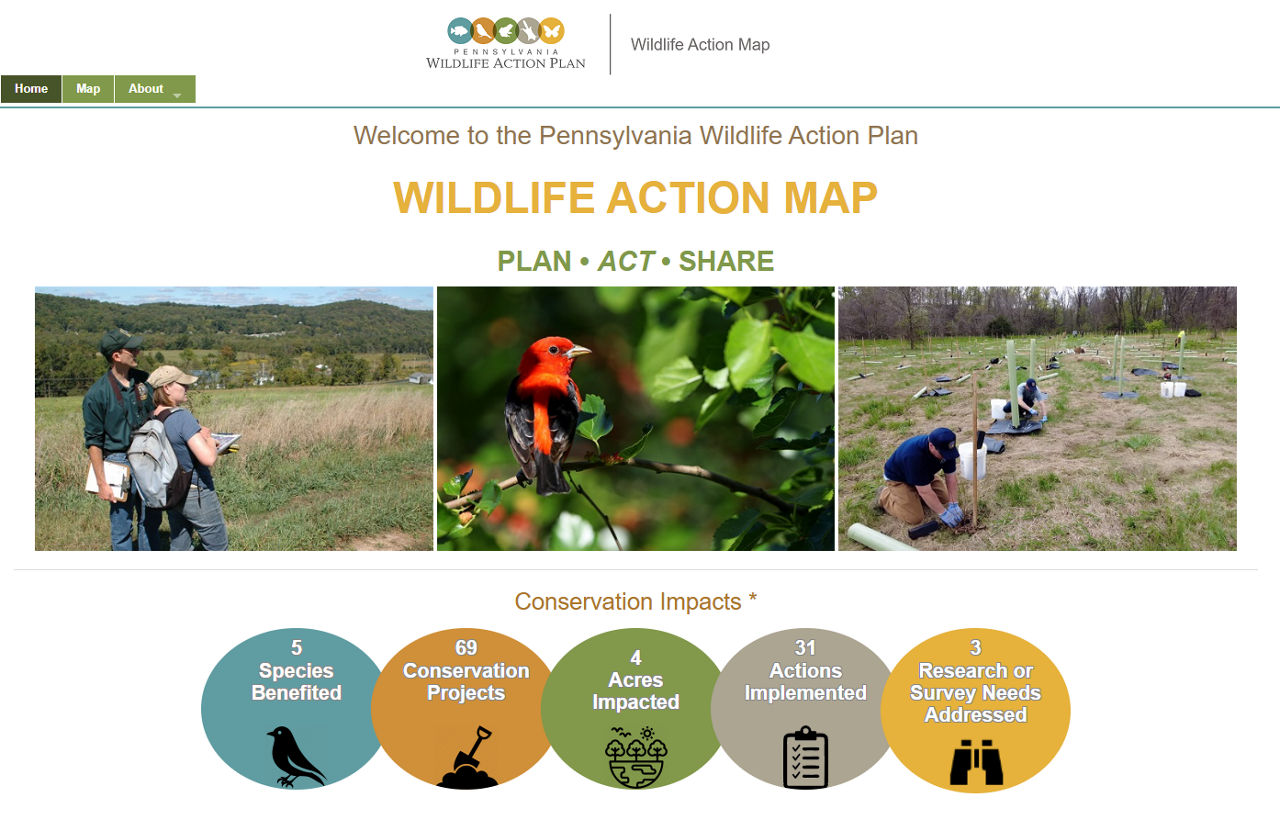 Homepage view of the PA Wildlife Action Map website