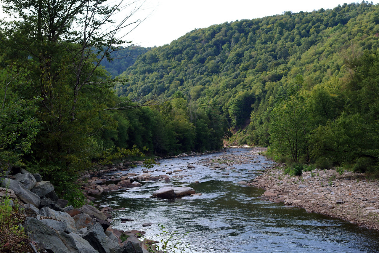 A scenic view of a creek serpentining through dark green mountains