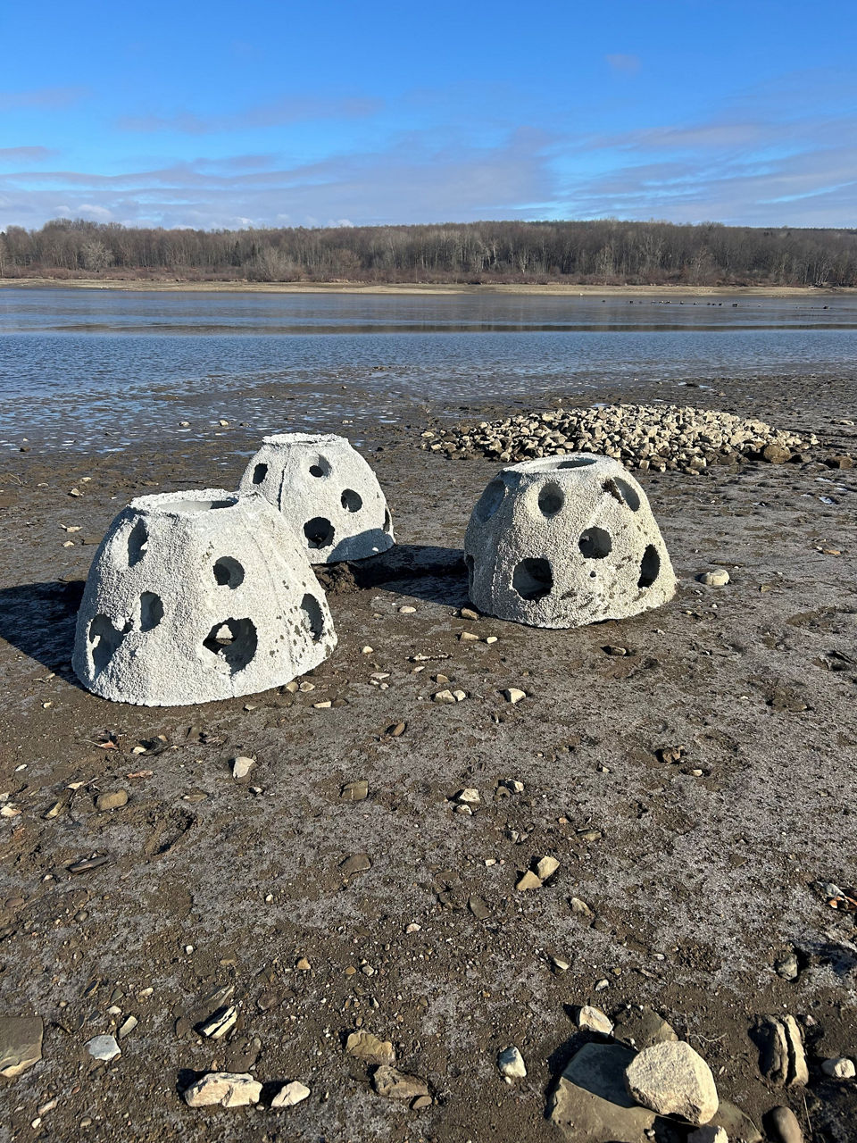 Three Concrete Reef Balls installed for habitat improvement at Woodcock Creek Lake