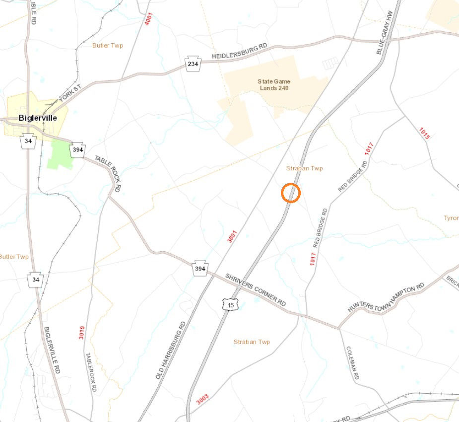 Location of Woodside Road bridge over Route 15 in Adams County.