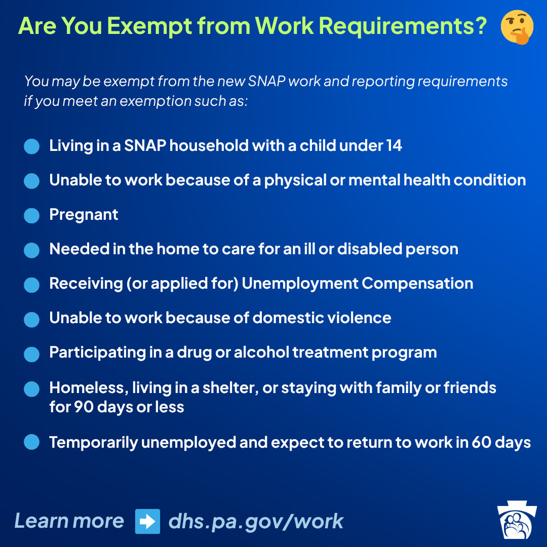 Are you exempt from work requirements? You may be exempt from the new SNAP work and reporting requirements if you meet an exemption such as: •Living in a SNAP household with a child under 14  •Unable to work because of a physical or mental health condition  •Pregnant  • Needed in the home to care for an ill or disabled person  •Receiving (or applied for) unemployment compensation  •Unable to work because of domestic violence  •Participating in a drug or alcohol treatment program  •Homeless, living in a shelter, or staying with family or friends for  90 days or less  •Temporarily unemployed and expect to return to work in 60 days