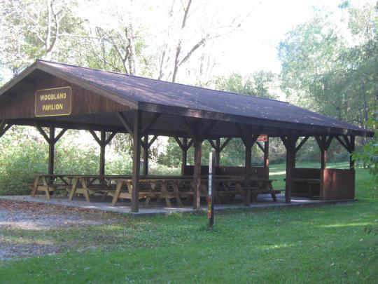 A wooden pavilion covering picnic tables in a grassy field surrounded by trees with a lake in the background.
