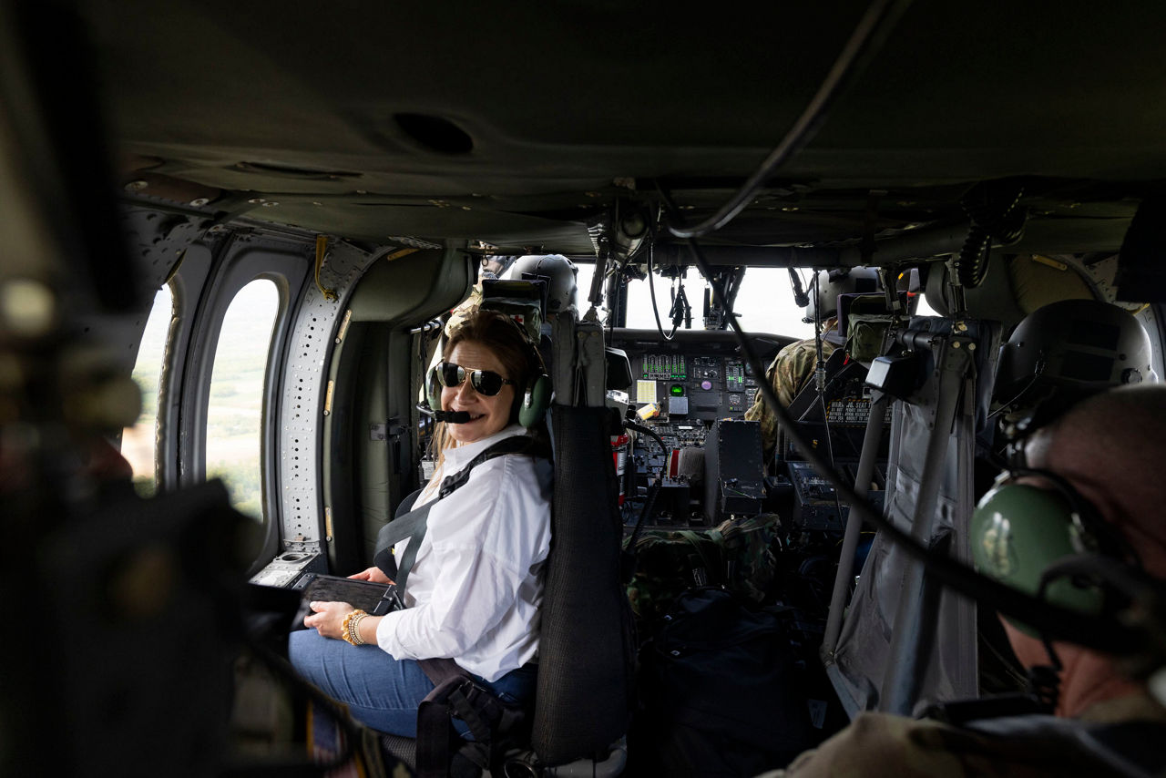 The First Lady Lori Shapiro inside of a helicopter. 