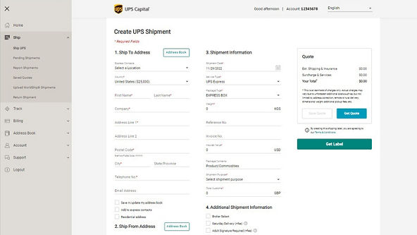 Parcel Pro platform shipping screen