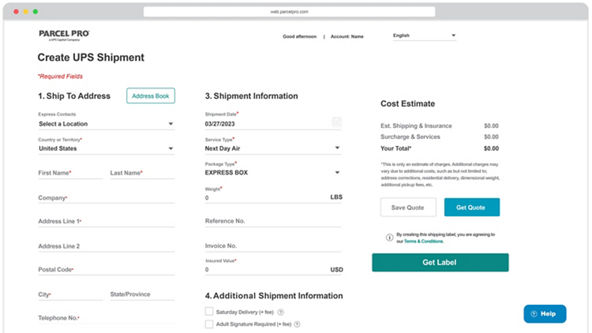 Parcel Pro platform shipping screen