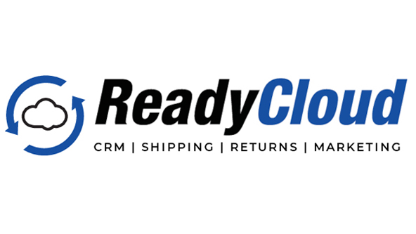 A cloud with two arrows around it and the word Ready in black Cloud in blue and below the words CRM, Shipping, Returns and Marketing