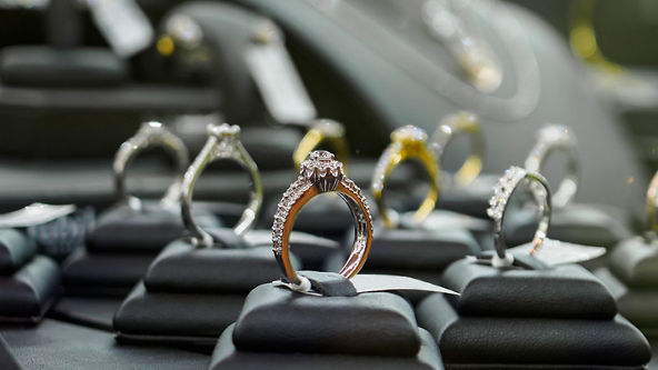 Rings on display in a jewelry store 