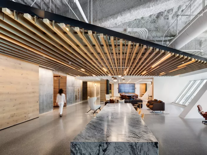 USG Ceilings Plus® Barz® | Finish: Sarante® Oak Line & Anodized Bronze | Architect: Gensler, Photo: ©Rafael Gamo Style LLC