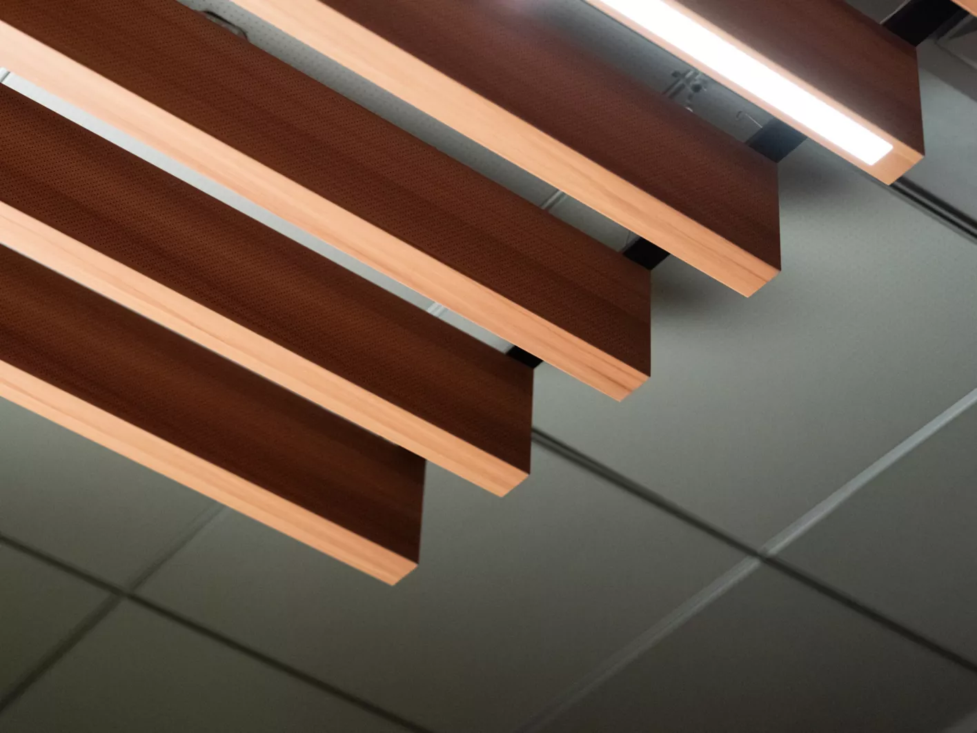 USG Ceilings Plus® Design Solutions Barz® + Brilliance™ Baffles Integrated Linear LED, Photo: Fungi Media © USG Interiors, LLC