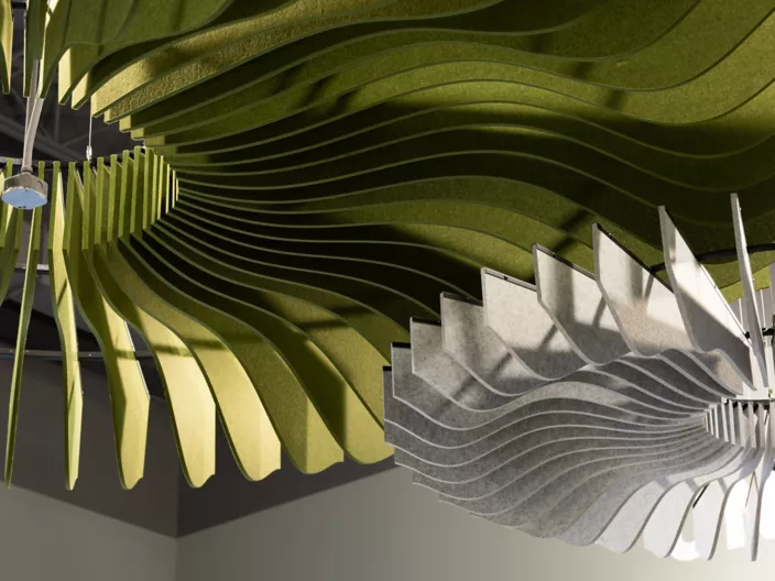 USG Ceilings Plus® Design Solutions Colortex™  Radialz™ Acoustical Panel Solutions – Drop, Photo: Fungi Media © USG Interiors, LLC