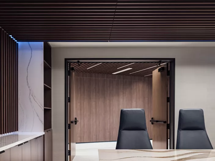USG Ceilings Plus® Barz® Open Plenum Modular Acoustical Baffles, USG Ceilings Plus® Wallforms™ Metal Panel Wall System, Architect: Adaptive Architects and