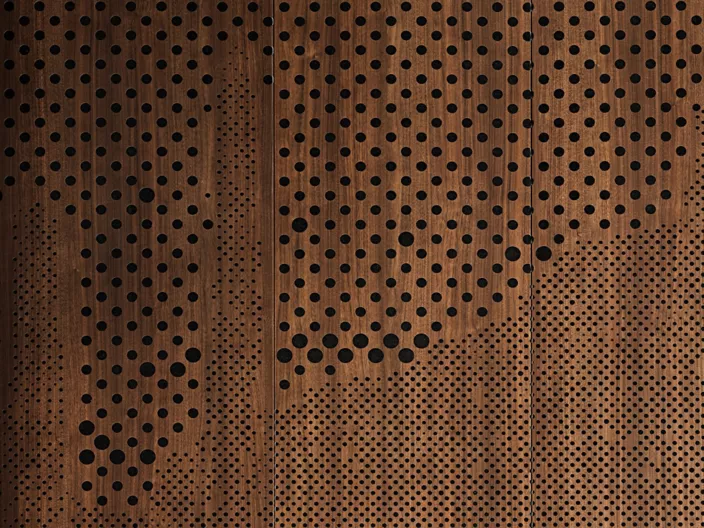 USG Ceilings Plus® Wallforms™ Metal Panel Wall System, Finish: Sarante® Forest Walnut, USG Ceilings Plus® Parti™ Custom Perforation, USG Ceilings Plus® Illusions® Metal Panel Ceiling System, Finish: Sarante® Forest Walnut, Architect: Adaptive Architects and DLR Group, Photo: © Jason Roehner