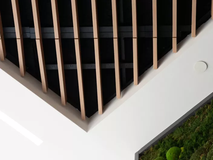 USG Ceilings Plus® Barz®  - Open Plenum Modular Acoustic Baffles, Finish: Sarante® Oak Line, Wake Technical Community College, Architect: BSA LifeStructures, Photo: Fungi Media © USG Interiors, LLC