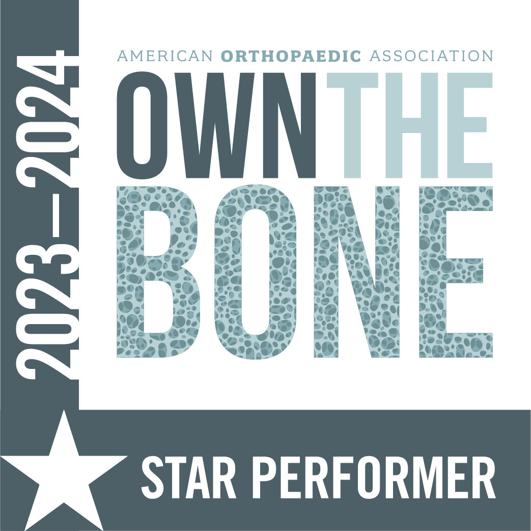 Square digital badge features the text 'OWN THE BONE' with a bone texture pattern inside the word 'BONE.' The badge includes 'AMERICAN ORTHOPAEDIC ASSOCIATION' at the top and 'STAR PERFORMER' at the bottom. The years '2023-2024' are displayed vertically on the left with a prominent white star. The palette uses shades of blue and gray for a professional, clinical look.