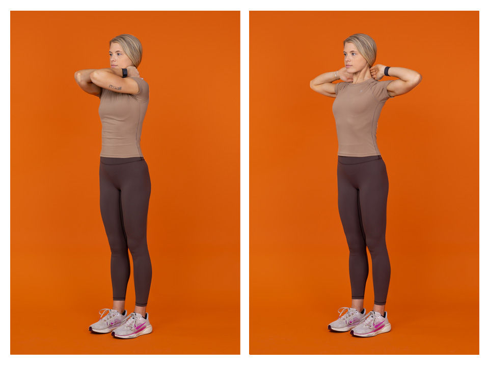 A woman in athletic attire is shown performing a standing arm exercise in two side-by-side images. She stands upright with her hands behind her head, set against a solid orange backdrop. The subject wears a fitted top, leggings, and athletic shoes with visible pink accents. The scene is well-lit, emphasizing the exercise movement and the vibrant color palette.