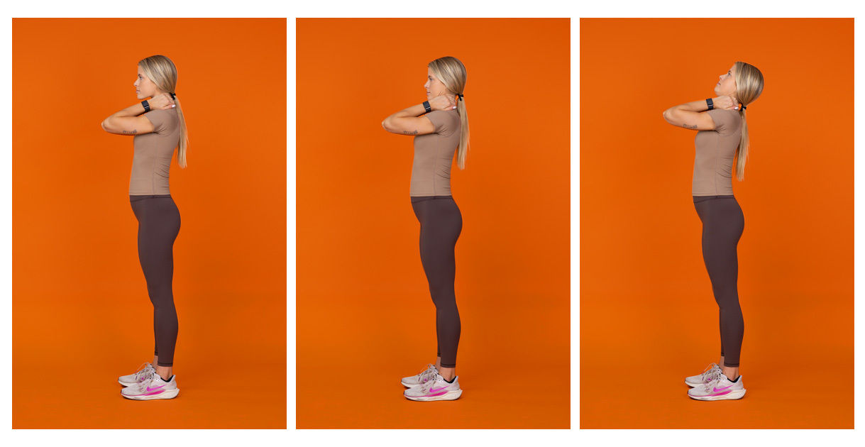 A young woman is shown in three side-by-side images performing a standing breathing exercise. She stands on an orange background, wearing a brown shirt, dark leggings, and athletic shoes. Her hands are placed behind her head as she transitions through different stages of inhaling and exhaling. The sequence highlights posture and controlled breathing technique.