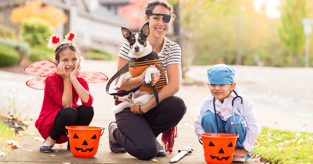 Two children dressed in Halloween costumes sit on a sidewalk with orange pumpkin buckets, accompanied by an adult holding a small dog in a striped outfit. The setting is a suburban neighborhood with autumn foliage and soft daylight. One child is dressed as a ladybug with red wings and antennae, while the other wears a blue doctor costume. The scene conveys a festive, playful mood typical of Halloween trick-or-treating.