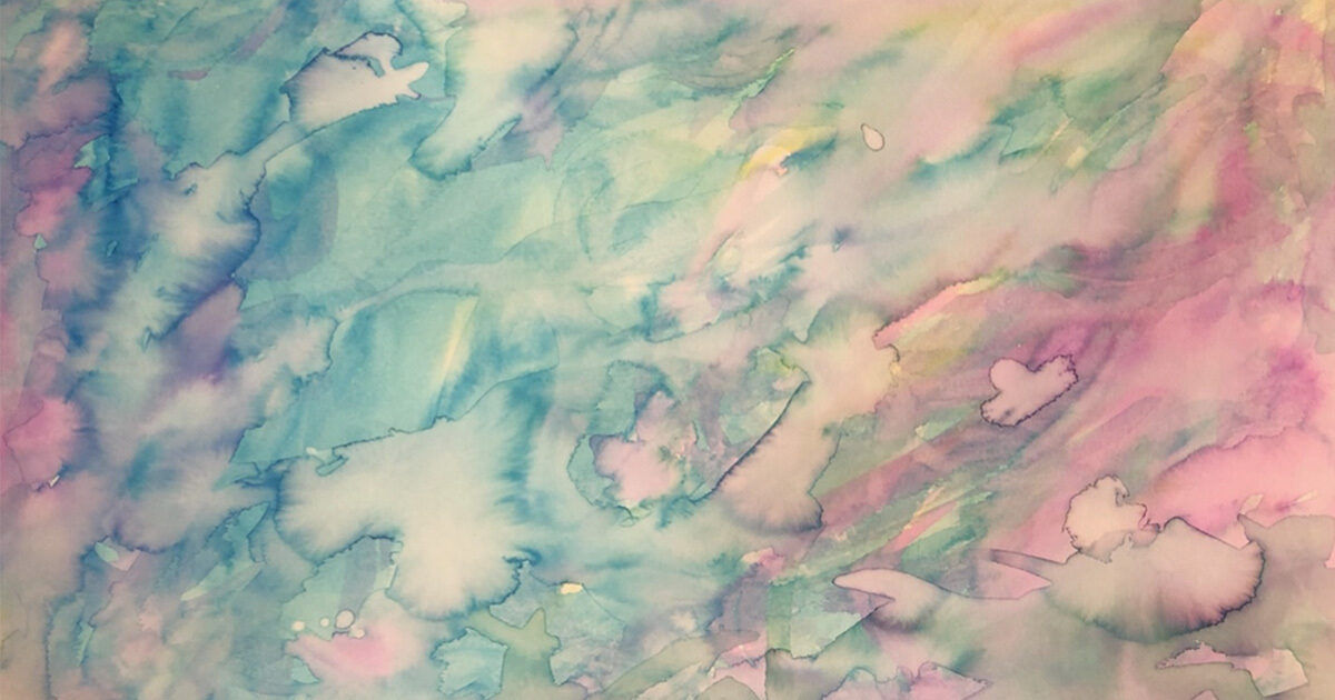 A dreamy abstract painting features soft washes of blue, pink, and purple watercolor blending seamlessly across the canvas. The image evokes a tranquil and ethereal mood, with gentle gradients and organic shapes. No text, numbers, or identifiable objects are visible, focusing purely on the interplay of color and texture. The overall effect is calming and visually soothing.