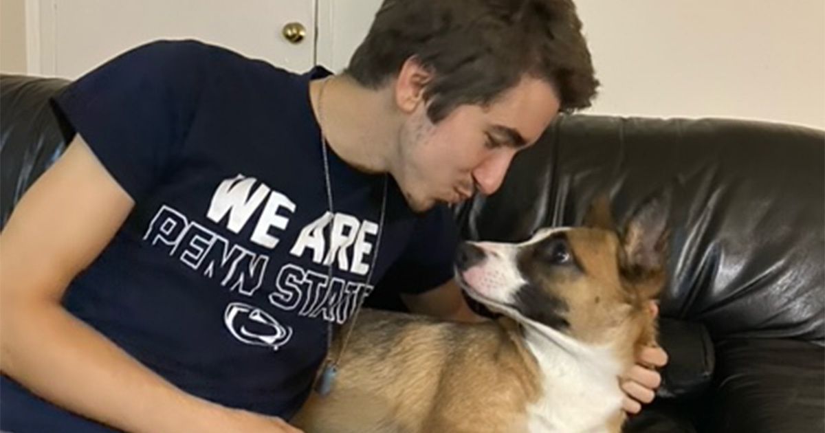 A person wearing a dark blue 'WE ARE PENN STATE' t-shirt sits on a black leather couch, gently holding a brown and white dog. The dog looks up at the person, creating a moment of connection. The setting appears to be a casual indoor living space with a relaxed atmosphere. The shirt text is clearly visible, and the overall mood is warm and friendly.
