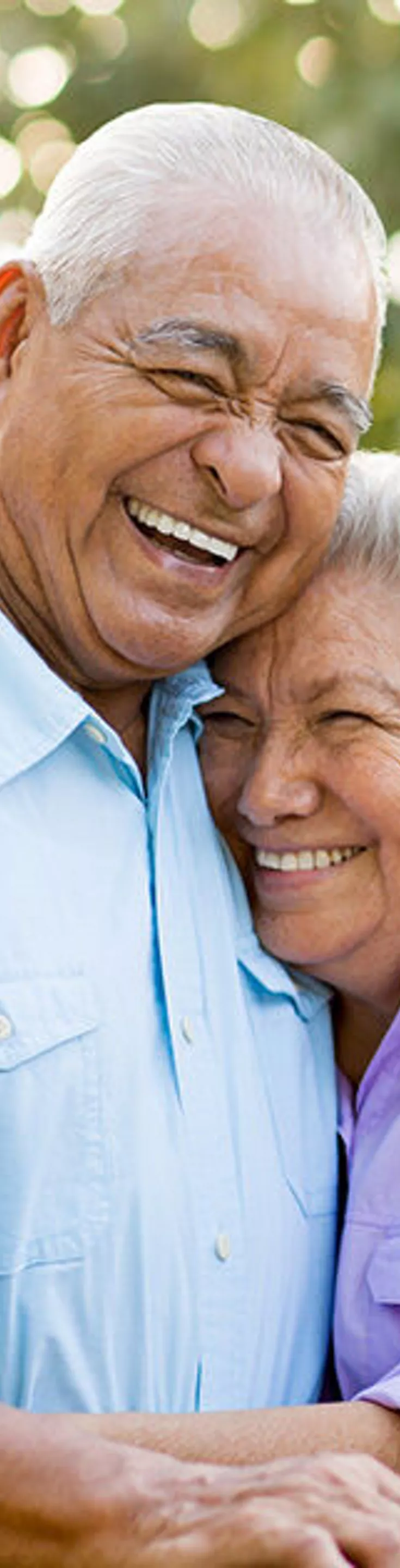 An elderly couple stands closely together, embracing on a wooden bridge in a lush, green park. The man wears a light blue shirt while the woman is dressed in lavender. Sunlight filters through the trees, creating a warm and peaceful atmosphere. The scene conveys affection and tranquility in an outdoor setting.