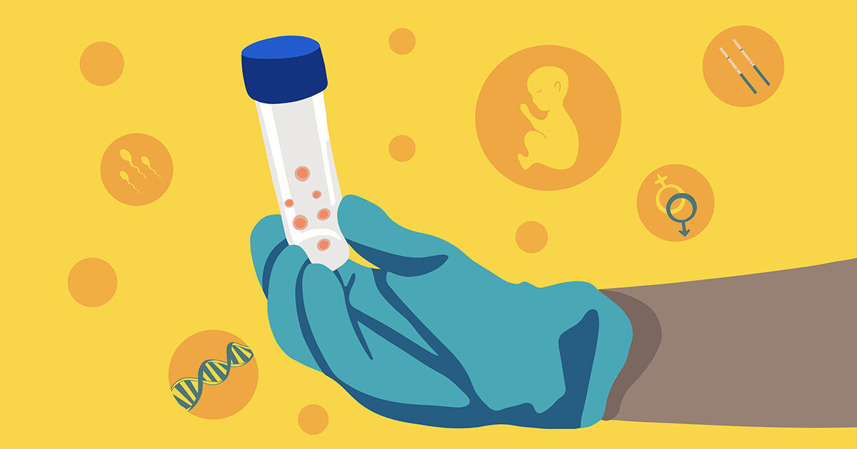 A blue-gloved hand holds a transparent test tube containing several red cells against a yellow background. Surrounding the main subject are scientific icons, including a DNA strand, a fetus, and gender symbols, suggesting a focus on genetics or reproductive science. The visual style is flat and modern, with a bright, clean palette. No visible text or numbers are present in the image.