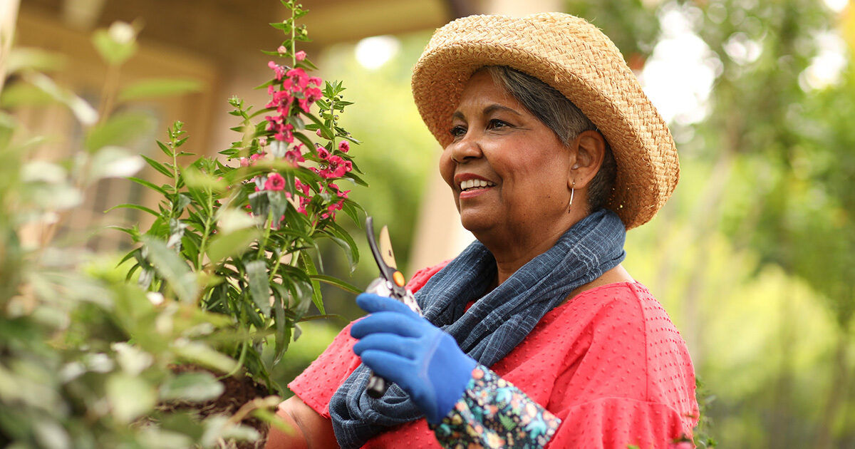 An older woman is tending to flowering plants in a lush outdoor garden. She is wearing a straw hat, blue gloves, and a colorful scarf, holding pruning shears near a blooming pink flower. The background is filled with greenery, creating a peaceful and vibrant atmosphere. The image conveys a sense of relaxation and enjoyment in nature.