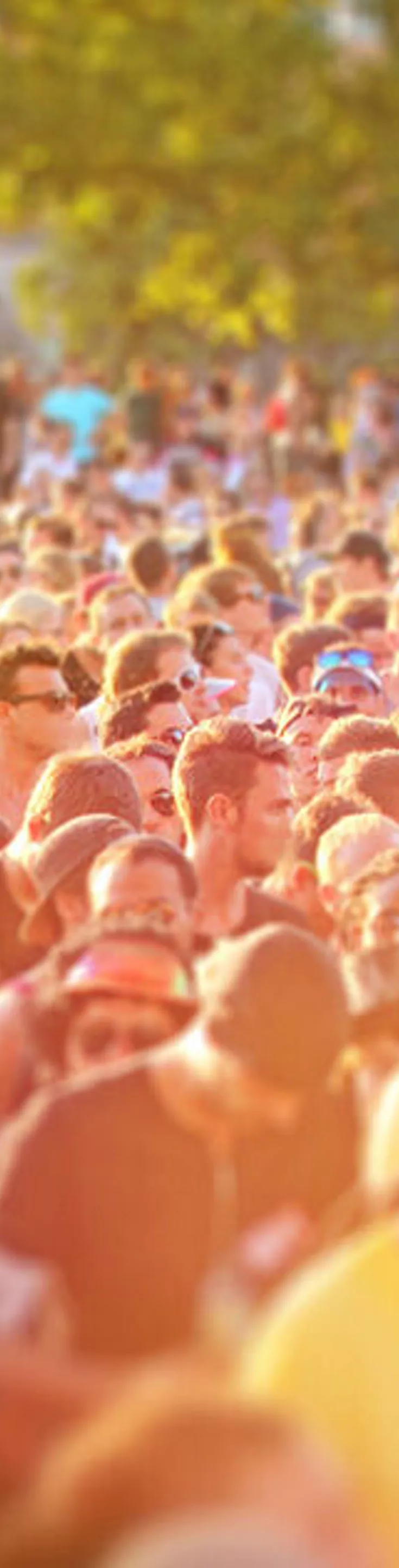 A densely packed crowd of people is seen outdoors during daylight, with sunlight casting a warm glow over the scene. The group includes a diverse mix of ages and genders, all standing closely together. Trees and greenery are visible in the background, suggesting a park or open public space. The overall mood is lively and energetic, with a summery, golden color palette.