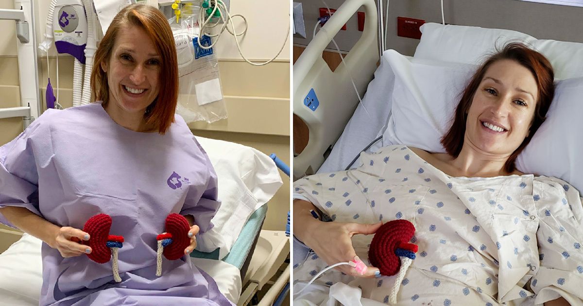 A woman is shown in two hospital settings, sitting and lying in bed while holding red anatomical kidney models. The medical environment includes visible equipment and monitors, suggesting a clinical or recovery context. She wears different hospital gowns in each image, and the kidney models feature colored tubes to indicate anatomical details. The overall mood is clinical and informative, with a focus on health and recovery.