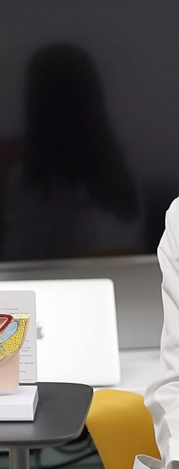 A healthcare professional in a white coat sits across from a patient in a modern clinical environment. An anatomical model of female reproductive organs is displayed on the table, suggesting a discussion about gynecology or reproductive health. 