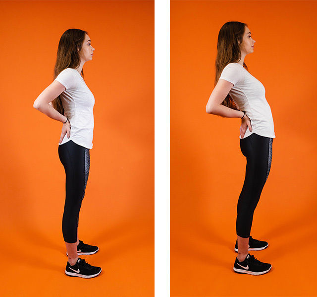 A young woman stands in profile against an orange background, shown in two different postures. She wears a white t-shirt, black athletic leggings, and black sneakers. Her hands are placed on her hips in both images, highlighting the difference between slouched and upright posture. The setting is brightly lit with a solid color backdrop, emphasizing the contrast in body alignment.