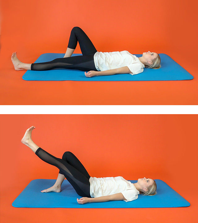 A young woman is shown performing a leg exercise on a bright blue mat against an orange background. In the first image, she lies on her back with one knee bent and the other leg straight. In the second image, she lifts the straight leg upward, engaging her core and leg muscles. The setting is minimal and vibrant, emphasizing the exercise movement.