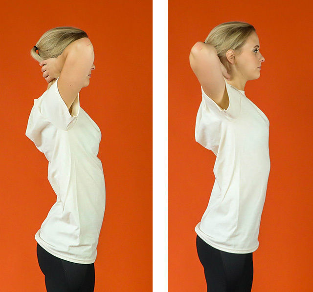 A woman in a white t-shirt and black pants is shown performing an arm stretch in two side-by-side images. The setting features a solid orange backdrop, emphasizing the subject's posture and movement. The woman is standing with her arms raised and bent behind her head, highlighting a fitness or stretching activity. The overall mood is active and instructional, with a clean, minimal visual style.