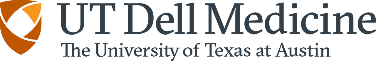 Horizontal wordmark for UT Dell Medicine is displayed on a transparent or light background. The design features an orange shield-like emblem on the left and dark gray text on the right. The text reads "UT Dell Medicine" above "The University of Texas at Austin" in a serif typeface. The overall style is clean, professional, and academic.
