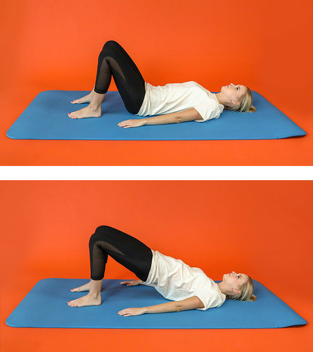 A young woman demonstrates the glute bridge exercise in two stages on a blue exercise mat. The setting features a vibrant orange background, highlighting the fitness activity. She wears a white t-shirt and black leggings, lying on her back with knees bent in the first image and hips raised in the second. The scene conveys a focused, energetic mood suitable for home or studio workouts.