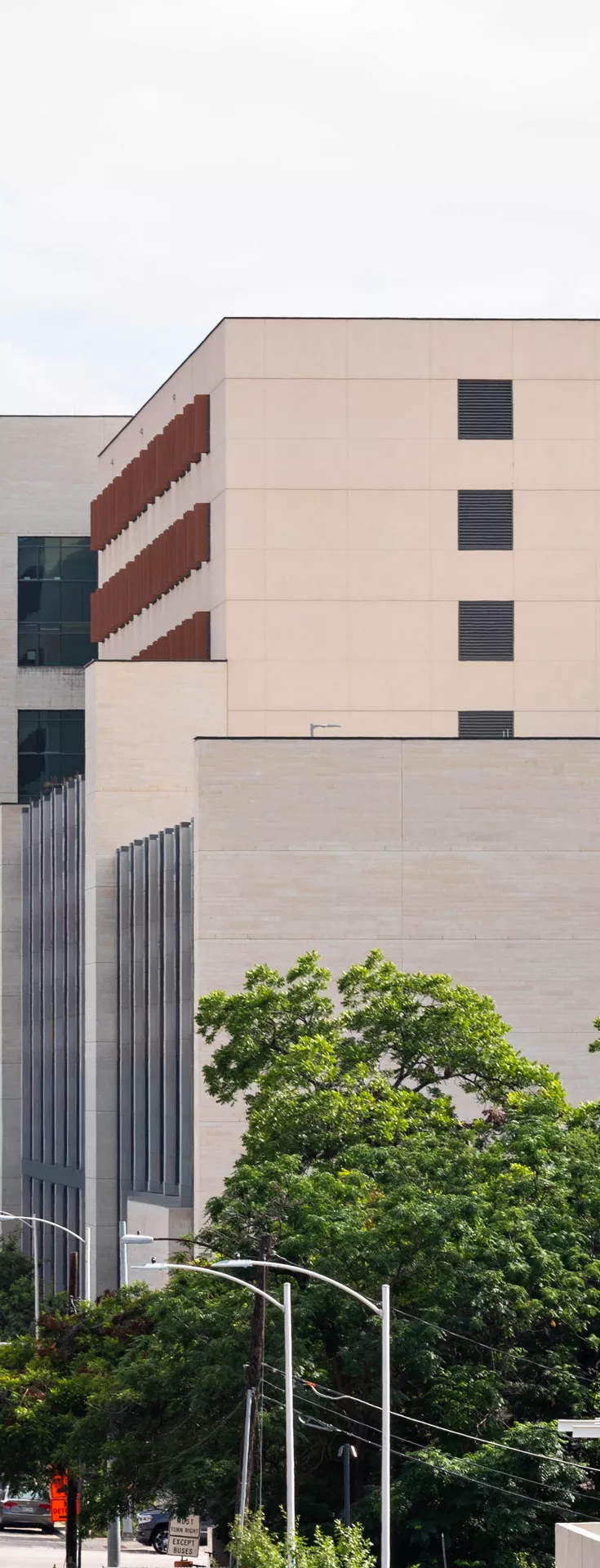 An image of the exterior of the Health Transformation Building (HTB). The image is taken from a few blocks away up on a hill. Bright pink flowers are in the foreground and behind the HTB is the Darrell K Royal–Texas Memorial Stadium.