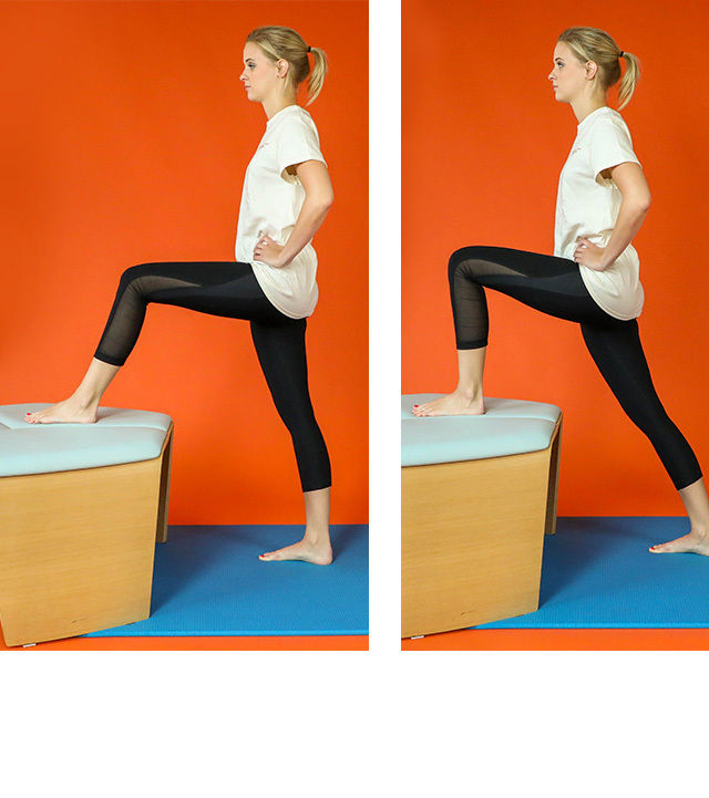 A woman is shown performing a step exercise using a padded bench in front of an orange background. She is wearing a white t-shirt and black athletic leggings, standing on a blue mat. The sequence highlights different positions of the step movement. The setting appears to be indoors, possibly a gym or physical therapy studio.